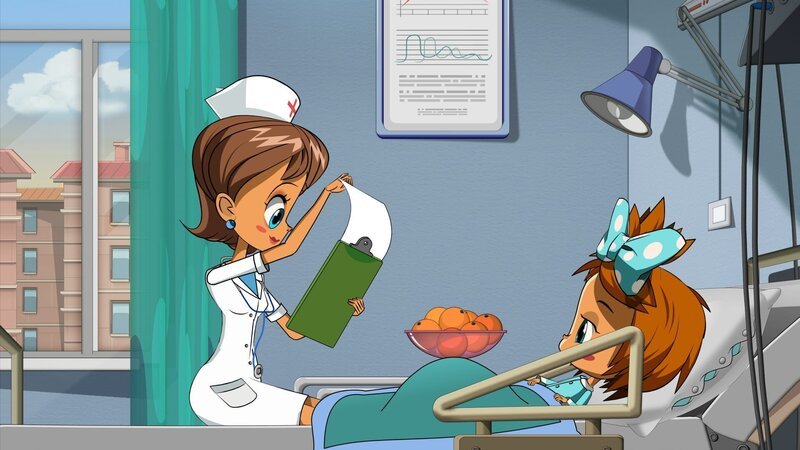 Eine nette Ärztin sitzt am Krankenhausbett von Sima. – Bild: KiKA/​Animaccord LTD
