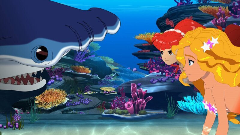 Hai Boris hat Zahnschmerzen. Rikki und Emma (re.) wollen ihm helfen, den schmerzenden Zahn loszuwerden. – Bild: ZDF and Les Cartooneurs Associés