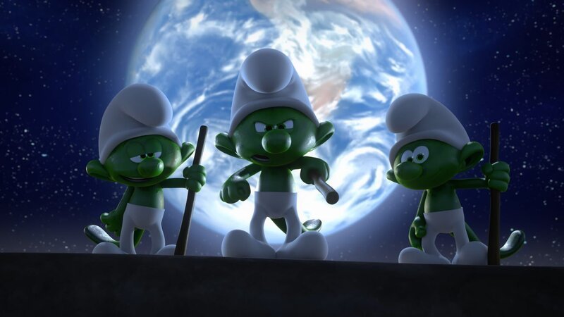 Auf dem Mond begegnen die Schlümpfe drei der Mondbewohnern, die ihnen zunächst nicht gerade freundlich gesinnt sind. – Bild: KiKA/​Peyo Productions, Dupuis Édition & Audiovisuell