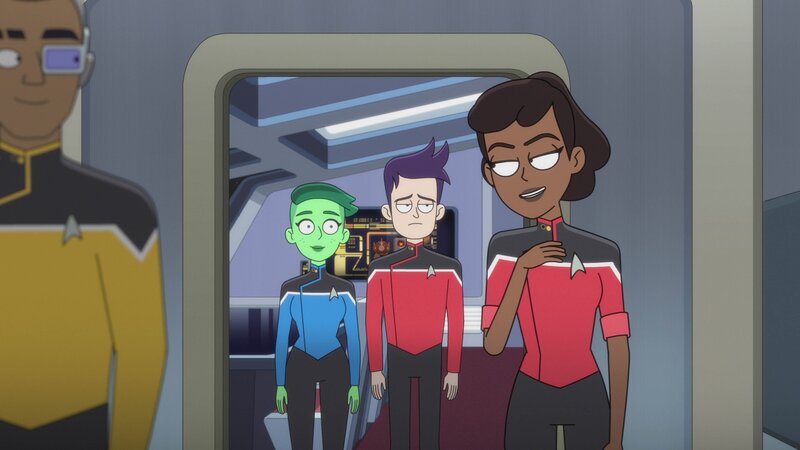 D’Vana Tendi (2.v.l.), Brad Boimler (2.v.r.), Beckett Mariner (r.) – Bild: Paramount+