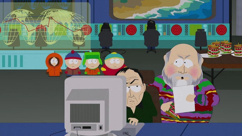 Hinter, l-r: Kenny, Stan, Kyle, Eric. Vorne: Rob Reiner (r.) – Bild: Comedy Central