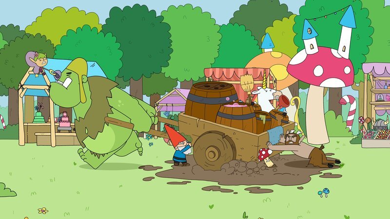 Die Helden Twinkle (links), Herbert (3. von links), Tupfen (3. von rechts), Blümchen (2. von rechts) und Hufius (rechts) helfen dem Oger (2. von links), die Reinigungsmittel, die er für den Frühjahrsputz braucht, zur Ogerhöhle zu bringen. – Bild: ZDF/​Tiger Aspect Kids & Family Limited, Movimenti Production, Zodiak Kids & Family France and Monello Productions