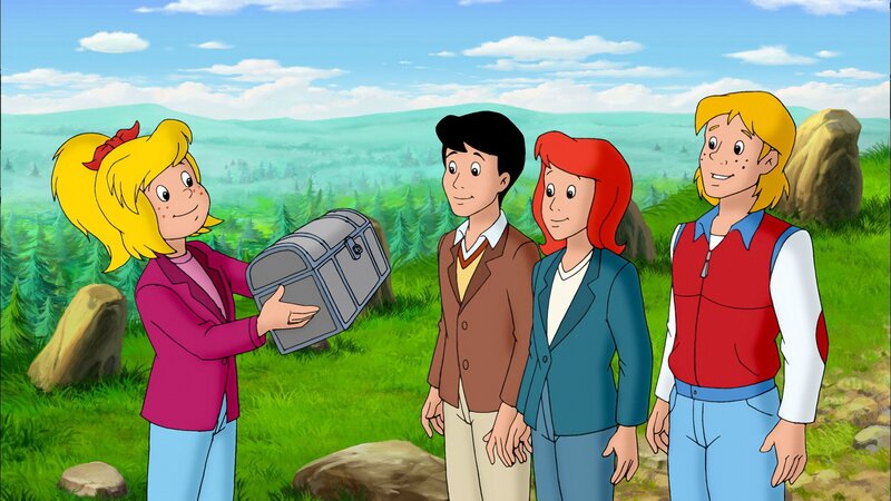 Bibi, Tina, Alex und Freddy haben den Schatz gefunden. – Bild: ZDF/​Kiddinx – Berlin