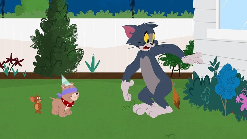 Durch Tom (r.) und Jerry (l.) wird Tykes Geburtstagsfeier ein Disaster. Vater Spike hat eine gerechte Strafe für die beiden. – Bild: Warner Bros. Entertainment I Durch Tom (r.) und Jerry (l.) wird Tykes Geburtstagsfeier ein Disaster. Vater Spike hat eine gerechte Strafe für die beiden. – Bild: Warner Bros. Entertainment I
