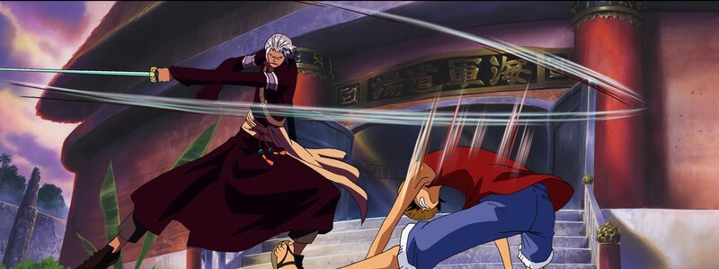 Ruffy (r.) und die anderen Strohhutpiraten machen sich auf der Insel Aska auf die Suche nach dem Schwert der Sieben Sterne. Werden sie es schaffen, den Fluch, der auf der Insel und dem Dorf liegt, zu brechen? – Bild: Eiichiro Oda/​Shueisha, Toei Animation