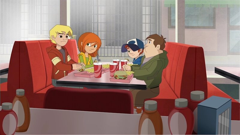 Fred und seine Detektivfreunde sind in einem Fast-Food-Lokal und stellen zwei Dinge fest: Zum einen, dass das Essen hier nicht schmeckt, und zum anderen, dass hier merkwürdige Dinge vor sich gehen. – Bild: ZDF/​ Edebé Audiovisual, B-Water