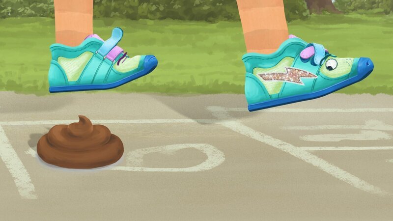 Das hat Turnschuh Wetz (rechts) kommen sehen: Dalli (links) hüpft doch glatt in einen Hundehaufen. – Bild: rbb/​MDR/​NDR/​lumalenscape