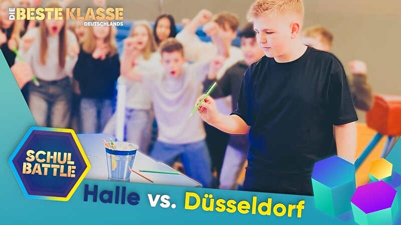 Schulbattle mit der Klasse 6.2 vom Landesgymnasium Latina August Herrmann Francke aus Halle (Saale) und der Klasse 6b vom Leibniz-Montessori-Gymnasium aus Düsseldorf – Bild: KiKA/​Bavaria Entertainment