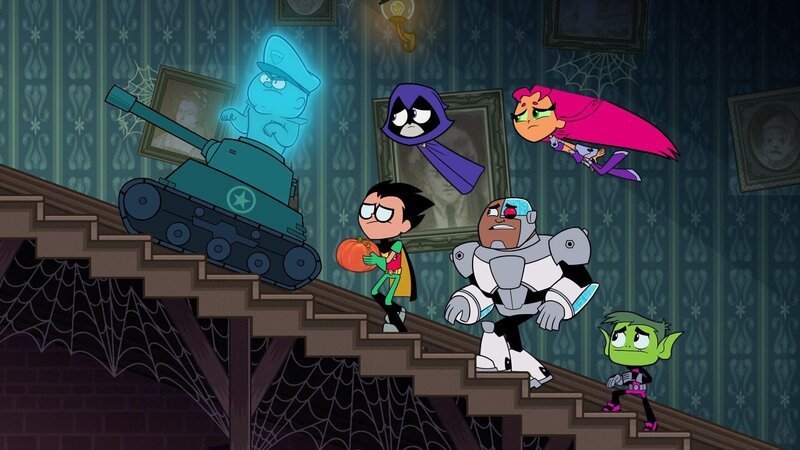 v.li.: General Tucker, Robin, Raven, Cyborg, Starfire, Beast Boy – Bild: WBEI /​ DC