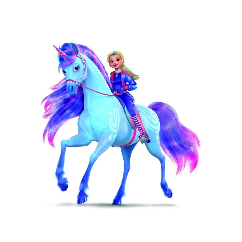 Isabel ist eine echte Sportskanone. Mit seiner Wassermagie kann ihr Einhorn River Wasser erzeugen und mit seinem Horn vorhandenes Wasser beeinflussen. – Bild: Spin Master Entertainment /​ SUPER RTL