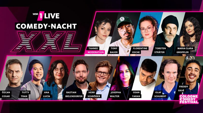 1LIVE und COLOGNE COMEDY sorgen mit vier spektakulären 1LIVE Comedy-Nächten XXL auch 2025 wieder für ein absolutes Highlight. Zwei Termine in der Arena Oberhausen am 22. und 23. Oktober, zwei in Köln am 24. und 25. Oktober 2025 – und ein Line-Up, das sich sehen lassen kann. Der WDR begleitet das Event am 25. Oktober crossmedial: im WDR Fernsehen, im Radio und erstmalig als TikTok LIVE. – Bild: WDR/​1LIVE