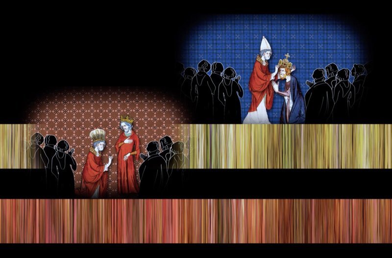 Die Krönung des Kaisers in Konstantinopel: Der Patriarch kniet vor dem Kaiser nieder (li.) in Rom ist es umgekehrt, Karl der Große kniet vor dem Papst (re.). – Bild: Les Films d’Ici