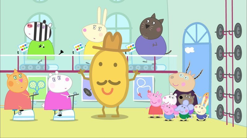 Unten, l-r: Mrs. Cat, Mummy Sheep, Mr. Potato, Peppa Pig, George Pig, Suzy Sheep, Madame Gazelle, Edmond Elephant, Danny Dog, Richard Rabbit. Oben, l-r: Mrs Zebra, Miss Rabbit, Mr. Cat. – Bild: Paramount