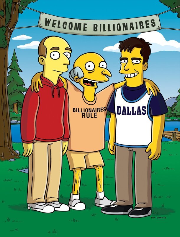 Mr. Burns (M.) gewinnt bei einem Pokerspiel das Basketball-Team Austin Celtics. Nachdem er den schrillen Dallas Mavericks-Besitzer Mark Cuban (r.) erlebt hat, möchte auch Burns mit einem spektakulären Rahmenprogramm sein Team zu neuem Ruhm führen. Er beschließt, ein super-modernes Stadion zu bauen … – Bild: Twentieth Century Fox Film Corporation