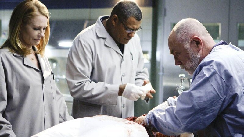 Das Opfer eines Verbrechens entpuppt sich für (v.li.) Catherine (Marg Helgenberger), Raymond (Laurence Fishburne) und Doc Robbins (Robert David Hall) als forensischer Albtraum, denn der Tote wurde in Pflanzenfett frittiert … – Bild: MG RTL D /​ CBS