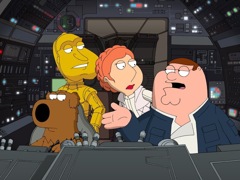 Peter erzählt die Star Wars Saga „Das Imperium schlägt zurück“ à la Family Guy (v.l.n.r.): Brian als Chewbacca, Quagmire als 3CPO, Lois als Prinzessin Leia und Peter als Han Solo – Bild: MEI2 /​ Copyright: 999⁠–⁠2013 RTI S.p.A. Interactive Media – P.Iva 03976881007 – Tutti i diritti riservati l Per la pubblicità Mediamond S.p.a., RTI spa, Gruppo Mediaset