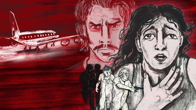 Die ehemalige Geisel Diana Müll muss nach der Landshut-Entführung mit den Erinnerungen und dem erlittenen Trauma fertig werden. Im Hintergrund der Geiselnehmer „Mahmud“ und die Lufthansa-Maschine Landshut. – Bild: ZDF und BR/​Anna Hunger/​Cendra Polsner