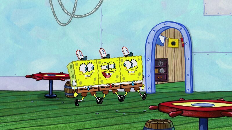 SpongeBob (m.), SpongeBob SquarePants clones (l. und r.) – Bild: ViacomCBS