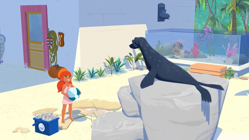 Marina (l.) übt mit Seelöwin Daisy (r.) einige Kunststücke ein, um sie später den anderen im Meeresinstitut vorzuführen. – Bild: ZDF und Media Valley/​Marzipan Films