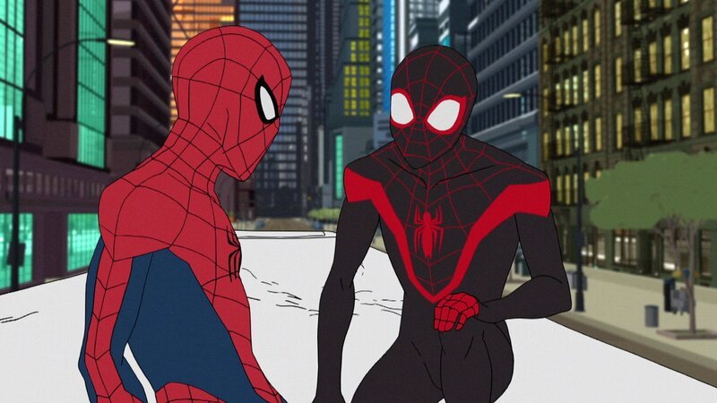 L-R: Spider-Man /​ Peter Parker (voiced by Robbie Daymond) and Miles Morales (voiced by Nadji Jeter) – Bild: Disney Channel (DE)