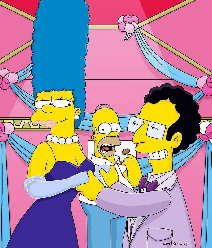 Als Marges (l.) steinreicher Ex-Freund Artie (r.) Homer (M.) eine Million Dollar für ein Wochenende mit seiner Frau anbietet, nimmt dieser in seiner Geldgier das unmoralische Angebot an. – Bild: Twenthieth Century Fox Film Corporation