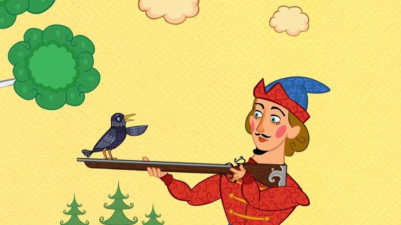 Der Vogel setzt sich auf das Gewehr des Dieners. – Bild: KiKA/​Animaccord LTD /​ KiKA