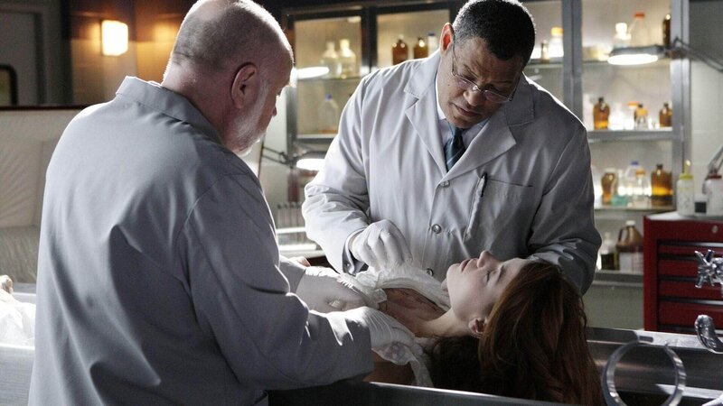 Doc Robbins (Robert David Hall, li.) und Dr. Raymond Langston (Laurence Fishburne) untersuchen die Leiche von Amber Jones (Elizabeth Chomko), die in dem Kofferraum eines Autos gefunden wurde. Pikanterweise handelt es sich um die Geliebte des Kongressabgeordneten Griffin … – Bild: MG RTL D /​ CBS