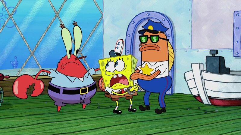 L-R: Mr. Krabs, SpongeBob, Policeman – Bild: Paramount