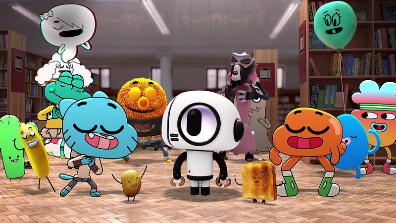 v.li.: Carmen, Banana Joe, Mr. Corneille, Carrie, Gumball, Idaho, Rocky, Bobert, Miss Simian, Principal Brown, Anton, Darwin, Alan, Billy, Tobias – Bild: Cartoon Network /​ TBSEL