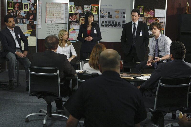 In L.A. und im angrenzenden Orange County werden nachts, wenn wegen der Hitze der Strom abgestellt werden muss, Frauen oder Familien umgebracht: Rossi (Joe Mantegna, l.), JJ (A. J. Cook, 3.v.l.), Prentiss (Paget Brewster, 4.v.l.), Gibbs (Thomas Gibson, 3.v.r.) und Reid (Matthew Gray Gubler, 2.v.r.) beginnen mit den Ermittlungen … – Bild: TF1