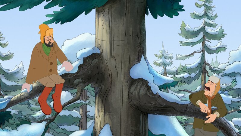 Pettersson und Gustavsson habe sich auf einem Baum vor dem Elch in Sicherheit gebracht. – Bild: ZDF und Edel Germany GmbH