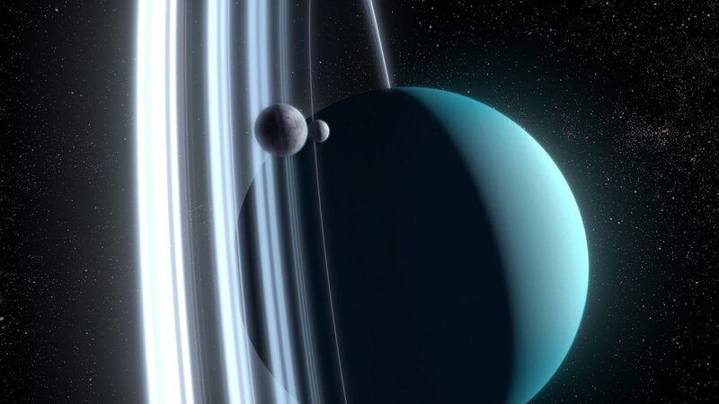 Uranus, der siebte Planet, umkreist die Sonne auf einer stark geneigten Achse. Seine Ringe und Monde bewegen sich im Verhältnis zur Sonne und den anderen Planeten senkrecht um den Eisriesen. – Bild: Windfall Films Ltd./​ WeltN24 GmbH