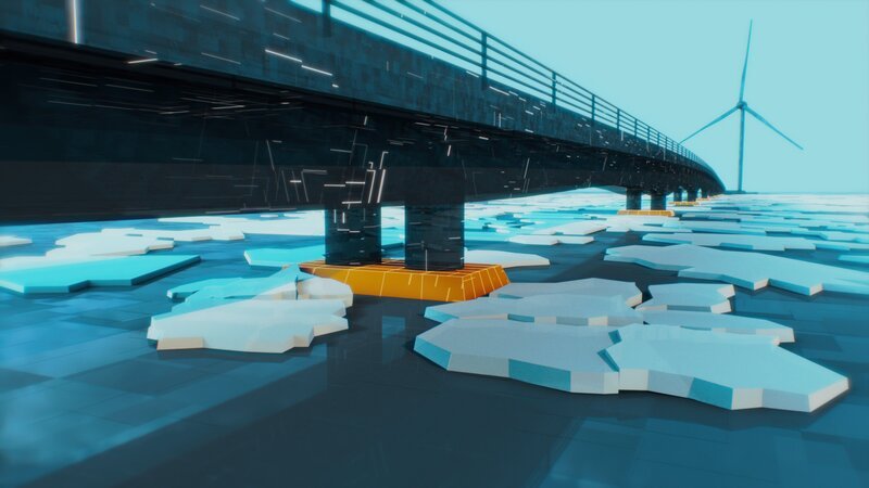 Eine CGI-Darstellung der Betonpuffer, die das Eis auf der Hailuoto-Causeway-Brücke nach oben drücken. – Bild: National Geographic