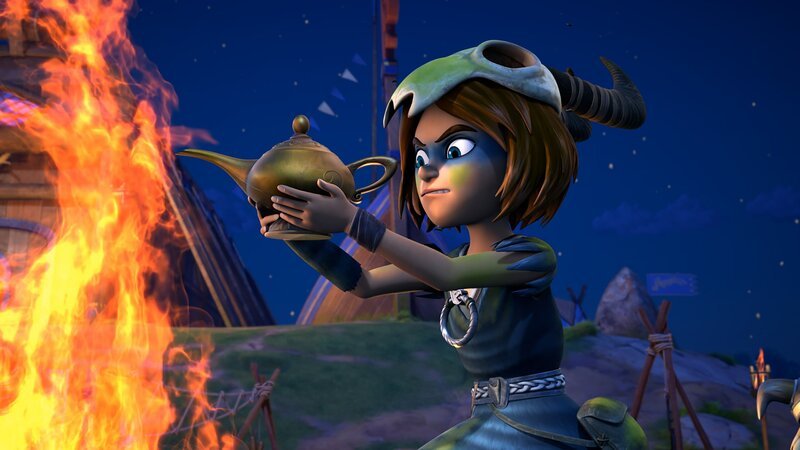 Stig möchte für ein bisschen Aufregung bei den Wikingern sorgen, die sich gerade langweilen. Dafür will er eine Dschinni aus ihrer Wunderlampe locken. – Bild: ZDF/​Method Animation/​ZDF Studios