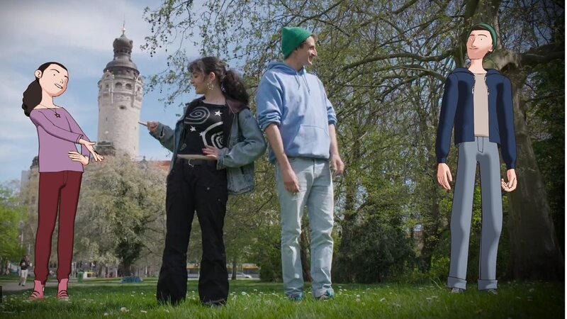 Anna Shirin Habedank (links) und Julian Janssen (rechts) treffen auf ihre animierten Avatare. – Bild: MDR/​Balance Film/​MDR/​WDR