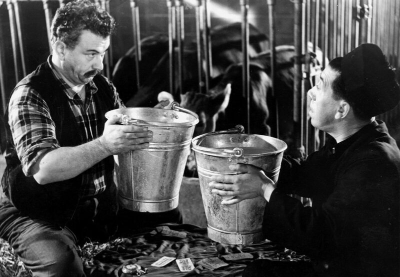 Manchmal müssen Don Camillo (Fernandel, rechts) und der grantige Peppone (Gino Cervi) eben doch zusammenarbeiten: zum Beispiel im Kuhstall. – Bild: HR/​Degeto