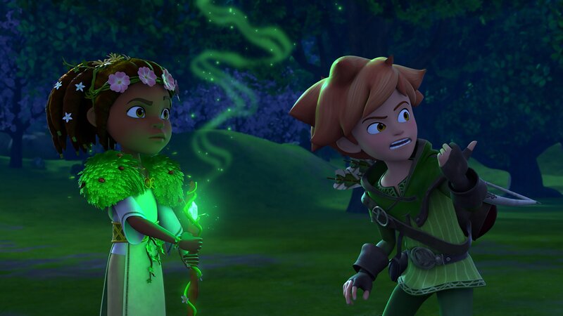 In Sherwood soll ein Ungeheuer sein Unwesen treiben. Katell (l.) und Robin (r.) wollen herausfinden, was dahintersteckt. – Bild: ZDF /​ Method Animation /​ ZDF Studios