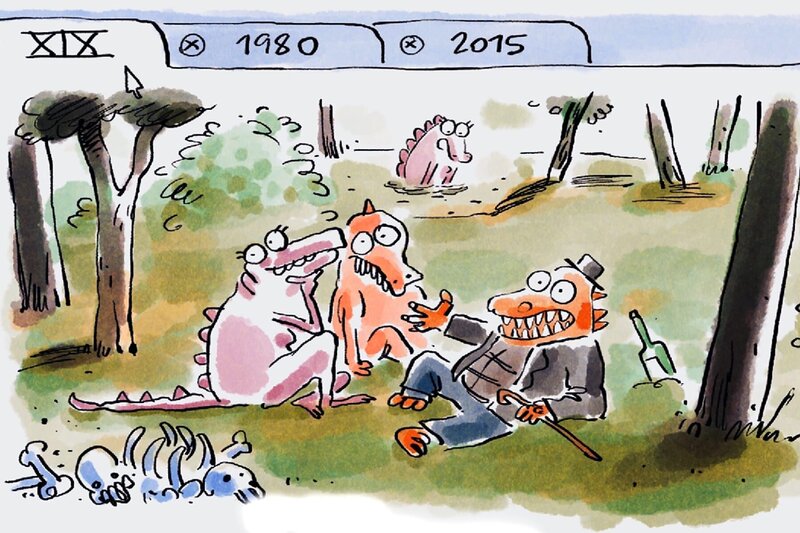 Im 19. Jahrhundert stellte man sich Dinosaurier als große behäbige Eidechsen vor, die in ihren Sümpfen herumlümmelten. – Bild: ARTE France /​ Folimage/​Ex Nihilo