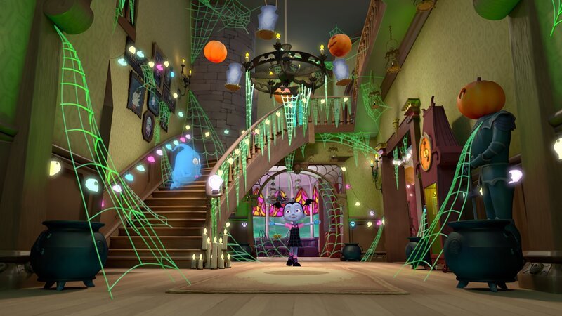 „Disneys Vampirina“, „Hauntley-Halloween /​ Frankenblume“. Hauntley-Halloween: Vampirina und ihre Familie laden all ihre Freunde aus Transsylvanien ein, um mit ihnen ihr erstes Halloween zu feiern. Frankenblume: Für eine Erfindermesse versucht Vampirina, eine verwelkte Blume wiederzubeleben. – Bild: TABLOIDS OUT /​ Disney Junior