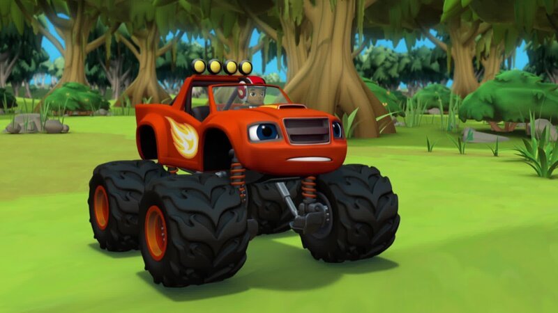 Blaze und AJ geben alles, um das Dschungelhorn von Stripes zurückerobern, das Crusher gemopst hat. – Bild: Viacom International Inc.
