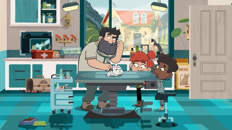 Hector (l.) untersucht Flöckchen, das junge Kätzchen, das Tommy (r.) gefunden hat, auf Krankheiten. – Bild: ZDF und Watch Next Media