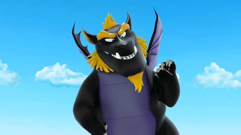 Derke versucht, verkleidet als böser Drache Malefikor, den Streit zwischen den Wikingern und König Richard zu schlichten. – Bild: ZDF/​Method Animation/​ZDF Studios