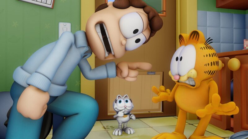 Ein vermeintlich süßes Kätzchen namens Angel wird von Jon aufgenommen und sorgt dafür, dass Garfield in allerhand unschöne Situationen gerät. – Bild: HR/​DARGAUD MEDIA
