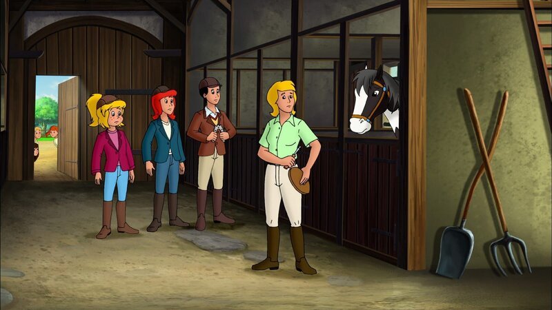 Die Reiterhofkinder sind bestürzt: Weil das Geld wieder vorn und hinten nicht reicht, muss Frau Martin (r.) das Pferd Topsy verkaufen. – Bild: ZDF und Kiddinx Berlin