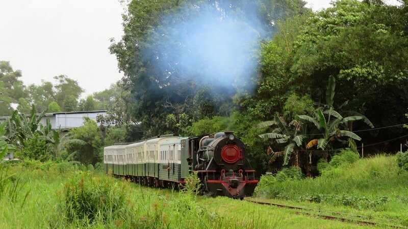 Eine Dampflok der englischen Vulcan Foundry aus den 50er Jahren steht vor den restaurierten Reisezugwagen der North Borneo Railway. – Bild: 3sat