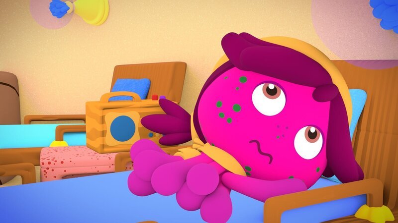 Maari hat die Wasserpocken und langweilt sich im Krankenzimmer der Sandburgpraxis. – Bild: KiKA/​bigchild Entertainment GmbH