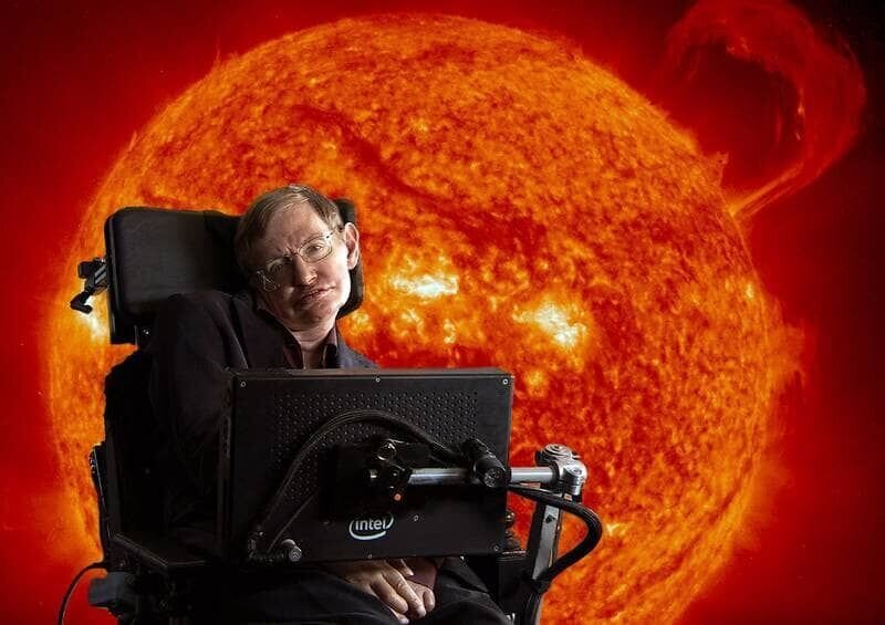 Stephen Hawking in front of sun with coronal mass ejections. – Bild: National Geographic