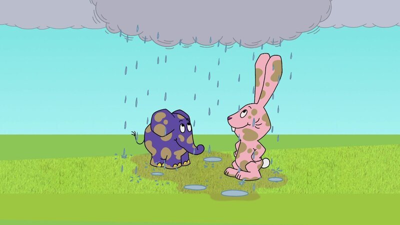 Hase und Elefant freuen sich über Regen und Matsch. – Bild: WDR/​Die Sendung mit dem Elefanten