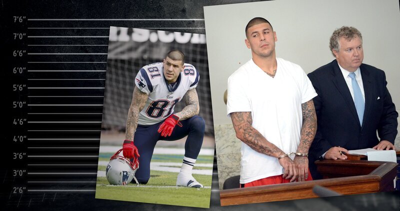 Aaron Hernandez auf dem Footballfeld, 2012, und in Handschellen bei seiner Verhandlung 2013. – Bild: Tobias Lenz, Autorenkombinat /​ ZDF