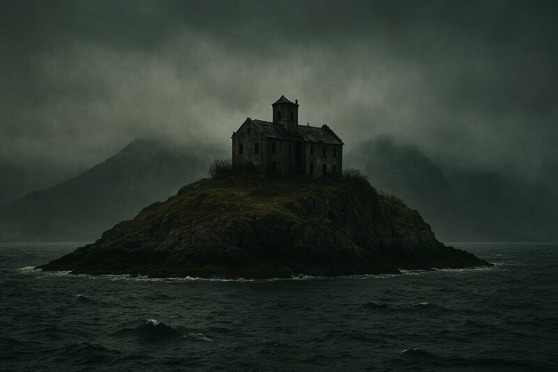 In dichten Nebel gehüllt wirkt diese Insel wie aus der Zeit gefallen; verfallene Ruinen ragen aus dem Dunst, knorrige Bäume und ein unheimlich ruhiges Meer erzeugen eine bedrückende Atmosphäre. – Bild: Copilot